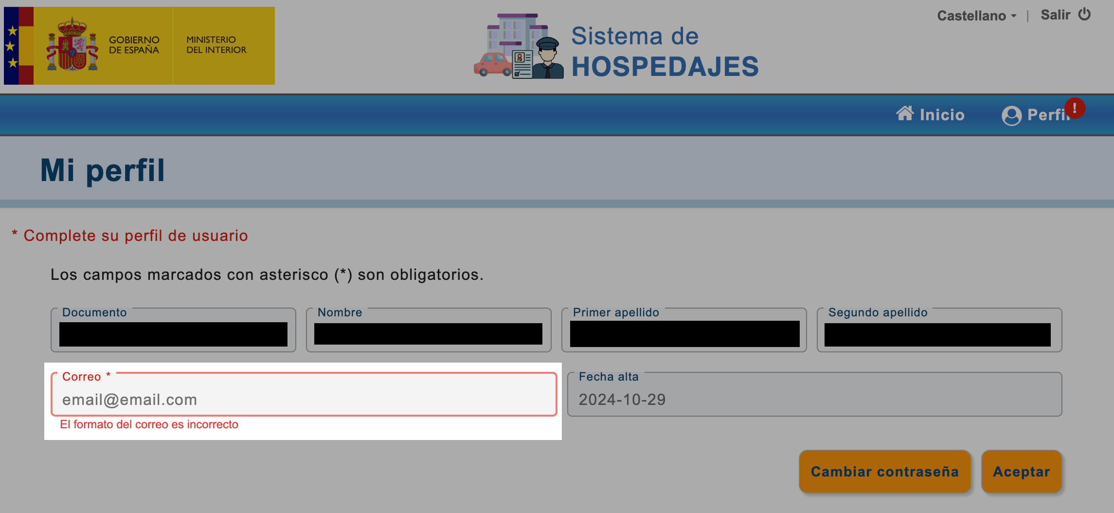 Comprobar email en el perfil de SES Hospedajes